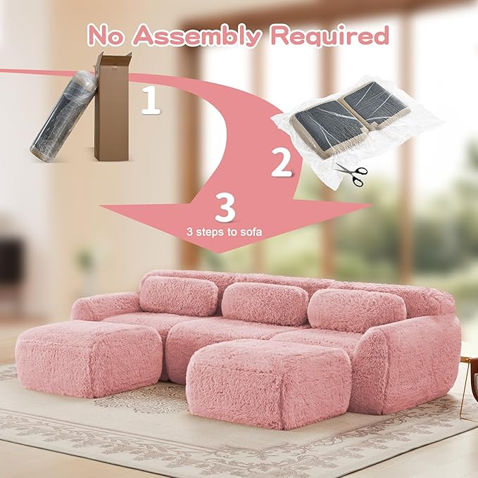 Boneless Couch Sectional Couches for Living Room 114.7'' U Shaped Modular Sectional Sofa with Ottoman Comfy Plush Cloud Couch with Deep Seat Oversized 3-Seater Modular Couches Pink