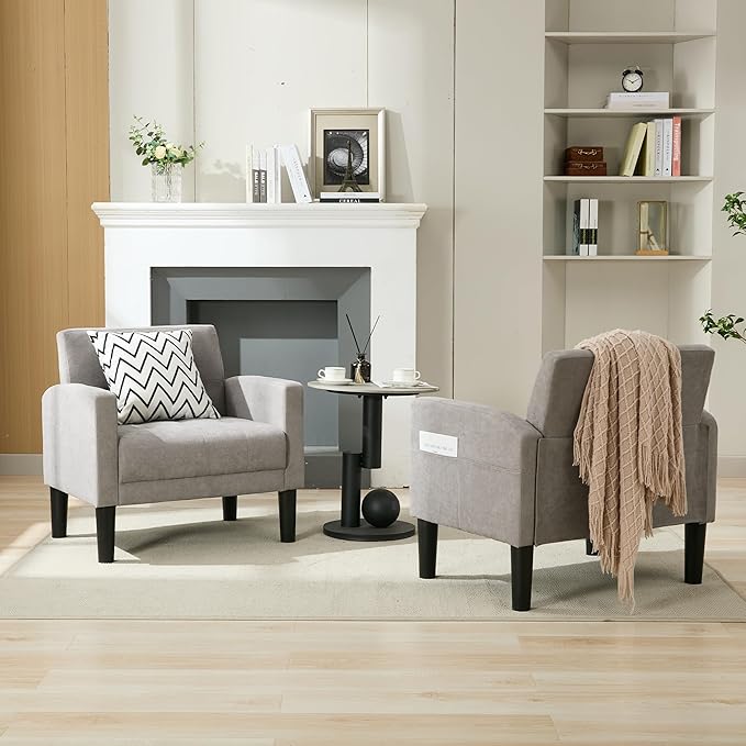 TYBOATLE Accent Chair Sets of 2 Living Room Chairs Cozy Tufted Mid Century Modern Chairs with Arms for Bedroom Comfy Reading Arm Chair Small Chairs for Small Spaces Living Room Office (2 Light Grey)