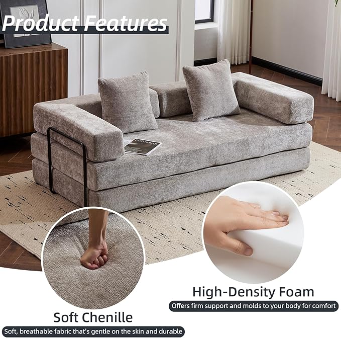 Folding Sofa Bed Convertible Sleeper Sofa Chenille Floor Couch with Pillows Fold Out Couch King Size Bed Futon  Foldable Memory Foam Mattress for Living Room Bedroom Playroom (Light Grey)