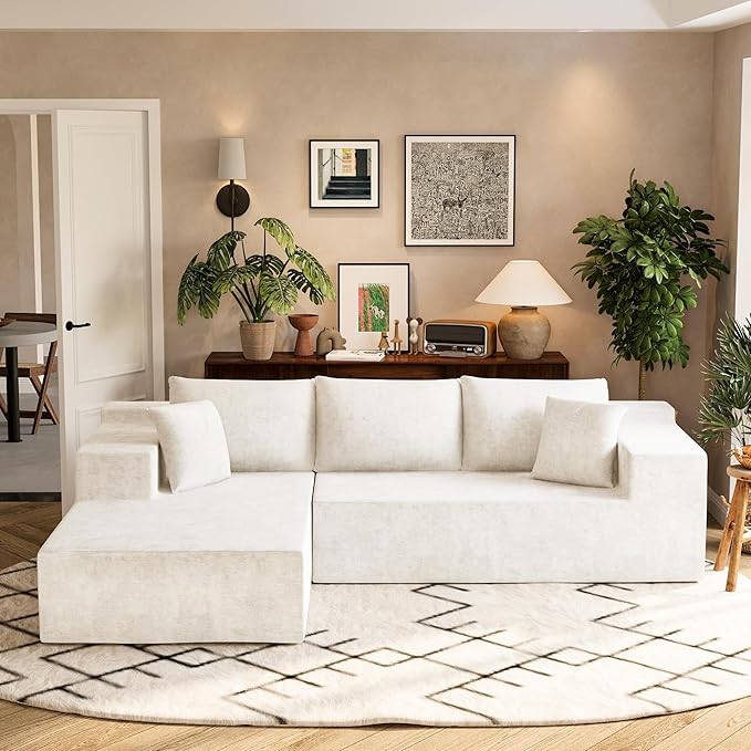 Homall 108 Modular Sectional Sofa Boneless Couch with L-Shape Chaise Cloud Couch with Deep Seat Upholstered No Assembly Required for Living Room Bedroom (Chenille Beige)