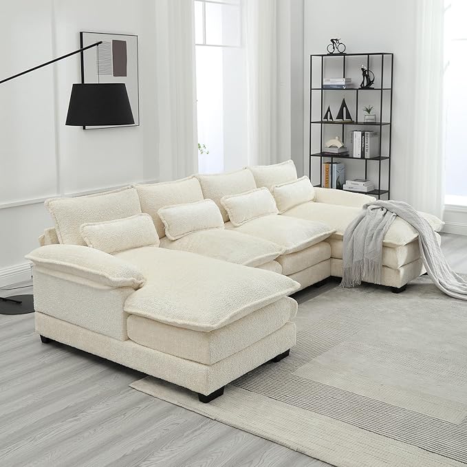 QQU 110.63 W U-Shape Modern Sectional Sofa Couch with Plastic Leg Upholstery Chenille Modular Sectional Sofa Bed with Memory Foam Large Sleeper Couch Chaise Lounges for Living Room(A-Beige)