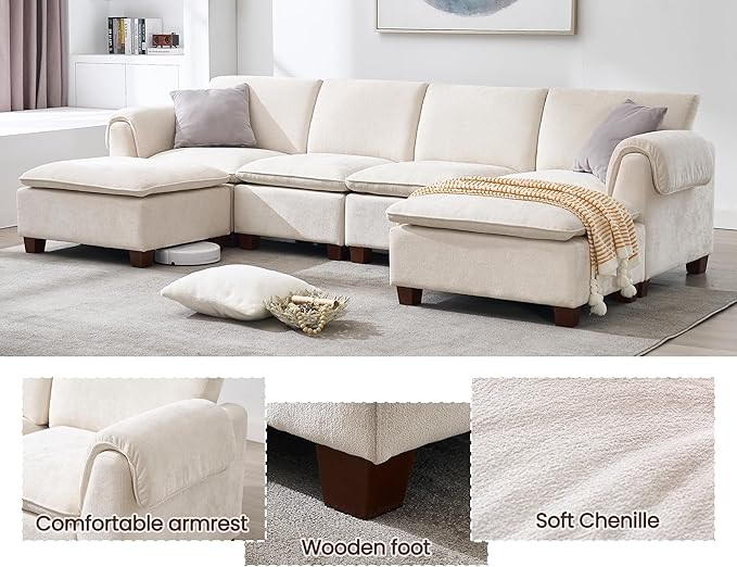 VESCASA Modern Sectional Sofa with Ottoman 106.5 Inch Modular Cloud Couch 4 Seat L Shaped with Waterfall Armrest Cushion Back for Living Room Apartment White Chenille