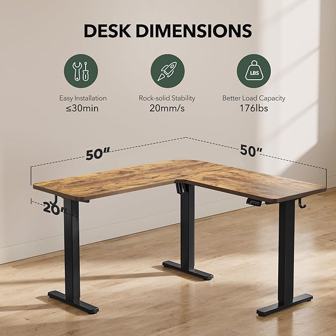 FEZIBO L Shaped Standing Desk Electric Stand up Height Adjustable Home Office Table Sit Stand Desk Light Rustic Brown Top