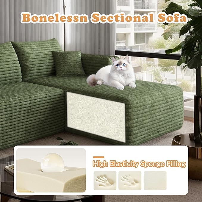 94 U-Shaped Cloud Sectional Couch Comfy Corduroy Boneless Couches with Deep Seat Fluffy Modular Sectional Sofa for Living Room No Assembly (Green 94 2S+Right Facing Chaise+2 Ottoman)