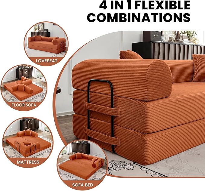79'' Folding Convertible Sofa Bed Boneless Modular Couch 5-in-1 Pull Out Floor Sleeper Lounge Loveseat for Living Room Bedroom Multi-Function Foldable Sofa (Orange)