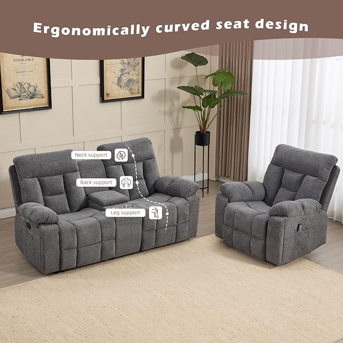 CANMOV Recliner Sofa Set Power Lift Recliner with Massage&ampHeat and Loveseat Set Reclining Sofa with Storage ConsoleHidden Cup Holders for Living Room Grey