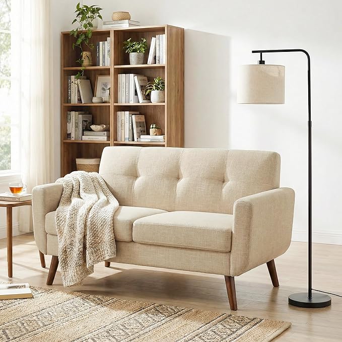 Tbfit 56 W Loveseat Sofa Mid Century Modern Decor Love Seat Couches for Living Room Button Tufted Upholstered Small Couch for Bedroom Solid and Easy to Install Love Seats Furniture Beige | linen