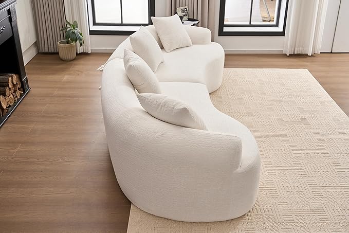 Modern Curved Boneless Sofa 110 Compression Modular Chenille High-Density Sponge Sectional Couch with 4 Seats No Assembly Required Lounge Sleeper Sofa for Living Room Apartment (White)