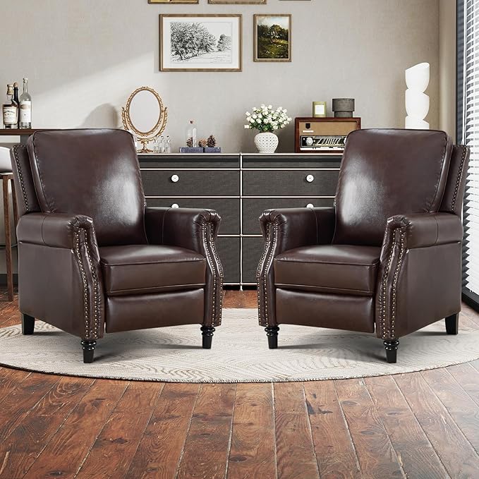 CANMOV Push Back Recliner Chair Genuine Leather Pushback Reclining Chair with Padded Seat Wingback Recliner with Rivet Decoration Single Sofa Recliner for Living Room Apartment Dark Brown