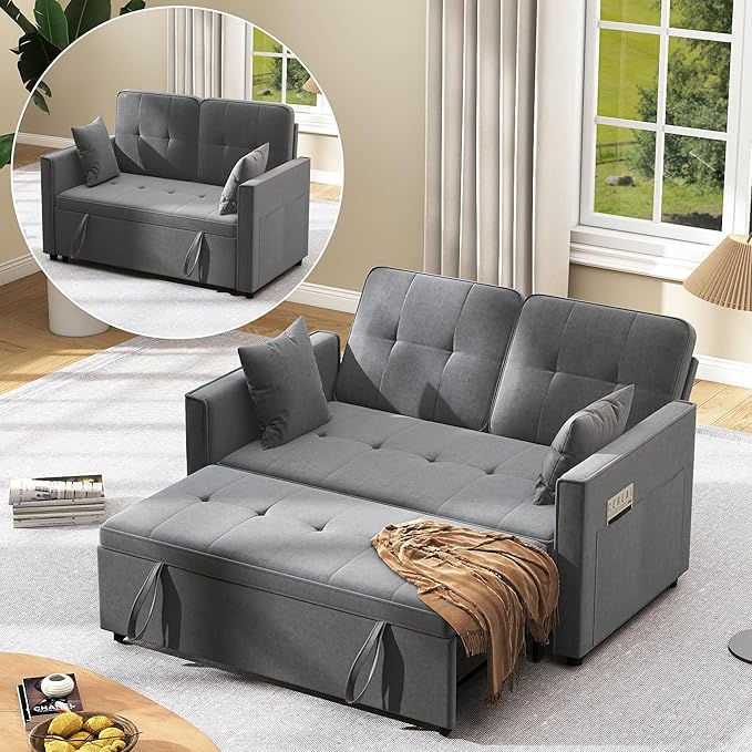 Loveseat Sleeper Sofa Bed Couch: Queen Sleeper Chair Pull Out Bed for Living Room Grey Velvet Couch Beds for Small Spaces 3 in 1 Convertible Sofa with Armrests