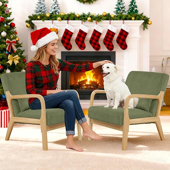 Accent Chair Set of 2 Mid-Century Modern Armchair with Waist Cushion Fabric Lounge Reading Chair with Wood Frame Comfy Sitting Seat for Living Room Bedroom Balcony up to 450lbs Green