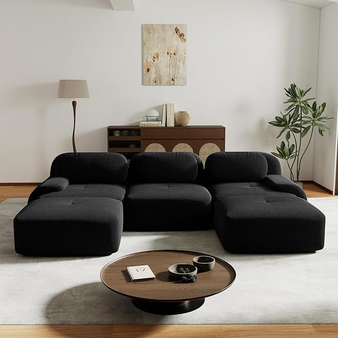 117.3” U Shaped Boneless Couch with Ottoman Corduroy Modular Sectional Sofa Comfy 5 Seater Cloud Sofa Sectional Deep Seat Modern Upholstered Couches for Living Room No Assembly Required