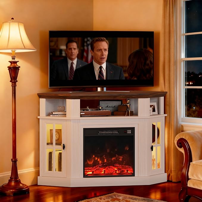 YESHOMY LED Corner Fireplace TV Stand with Mood Lighting for TVs up to 55 with Storage Cabinets Entertainment Center Media Console for Living Room Bedroom White