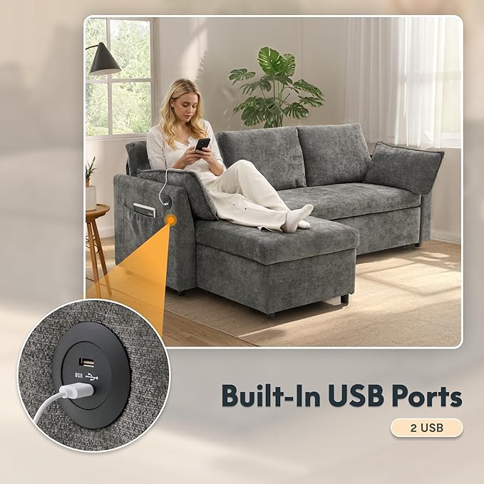 FLEXISPOT XB5 78 Pull Out Couch Bed with Storage Chaise3-Seater Sectional Sofa Bed with USB Charging Ports 2-in-1 Convertible Sofa Couch for Living Room Apartment Easy to Assemble(Gray)