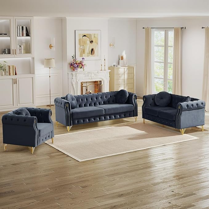 3 Pieces Chesterfield Sofa Set Velvet Mid Century Modern Loveseat Sofa with Button Tufted &amp Rivet Comfy 3-Seater Couch with Armrest Ring Cloud Chair for Living Room(37 W + 60.5 W + 82 W Bla