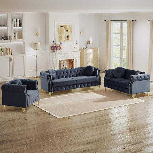 3 Pieces Chesterfield Sofa Set Velvet Mid Century Modern Loveseat Sofa with Button Tufted &amp Rivet Comfy 3-Seater Couch with Armrest Ring Cloud Chair for Living Room(37 W + 60.5 W + 82 W Bla