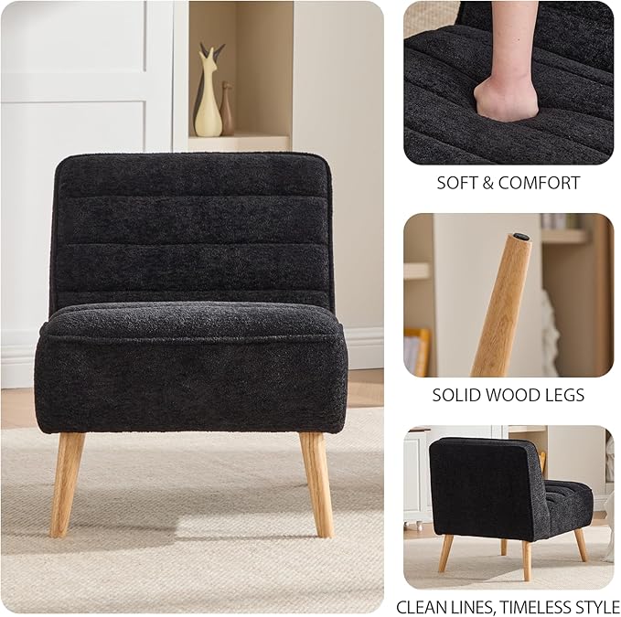 Armless Accent Chairs Set of 2 Single Sofa Chair Mini Cute Side Sofa with Sherpa Fabric Upholstered Cushion for Small Space Apartment Bedroom Living Room Black.