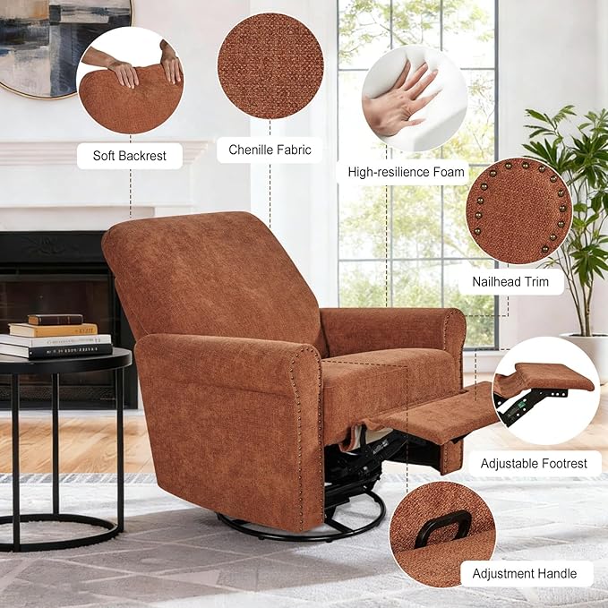 360° Swivel Rocker Recliner Chair with Upholstered Backrest Small Rocking Recliner for Small Spaces Chenille Fabric Glider Recliner Nursery Chair (Chenille-Red One Chair)
