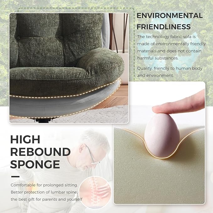 Chenille Rocking Swivel Accent Chair Set of 2 with Ottoman 360° Oversized Metal Base Swivel Rocker Accent Chair Reclining Lounge Chair Ergonomic Armchair for Living RoomBedroomOfficeGreen