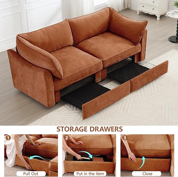 Modern Style Loveseat Sofa with Pull Out Storage Drawers Under Each Seat 2-Seat Couch with Excellent Storage Space Suitable for Small Living Rooms