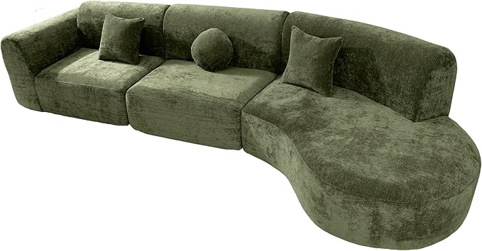 Merax 140 Curved Polyester Sectional Sofa Set 7 Seat Modern Cloud Couch with Chaise Lounge3 Pillows Fully Assembled for Living Room Green