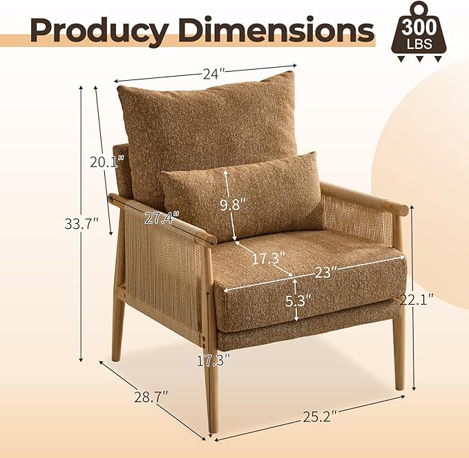 Karl home Cozy Chenille Accent Chair with Lumbar Pillow &amp Rattan Arms Modern Lounge Chair for Living Room Bedroom Reading Nook Khaki