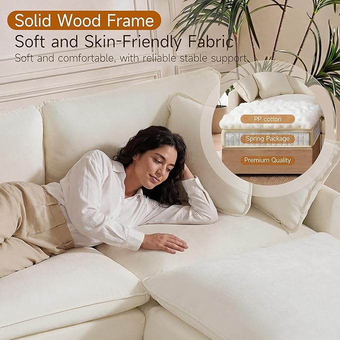 Modular Sofa with Storage 103 U-Shape Sectional Cloud Couch Deep Seat Comfy Fabric Couch for Living Room (Beige Chenille) | Convertible Storage Deep Seat Design Sturdy Wood Frame Effortless Asse