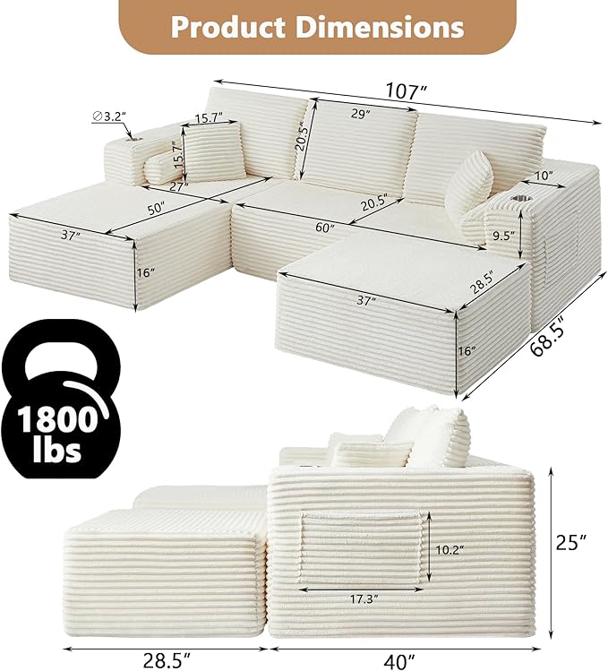 Kiztir 107 Boneless Couches for Living Room Corduroy Cloud Couch with Cup Holder and Pillows Convertible Deep Seat Sectional Sofa with Ottoman No Assembly Required (Beige) | Free Combination Wide