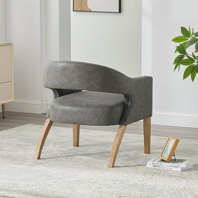 Modern Accent Chair Upholstered PU Leather Barrel Armchairs with Rubberwood Legs Comfy Lounge Arm Chair Hollow-Out Side Club Chair for Living Room Bedroom Office (Gray-Wide)