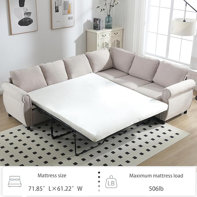 104 2-in-1 Queen Convertible Sleeper Sofa Bed Pull Out Couch Bed6 Seater Sofa Bedwith 3.35 Memory Foam MattressL Shaped Sleeper Sectional Sofa Couch with Rivet HandrailLiving Room