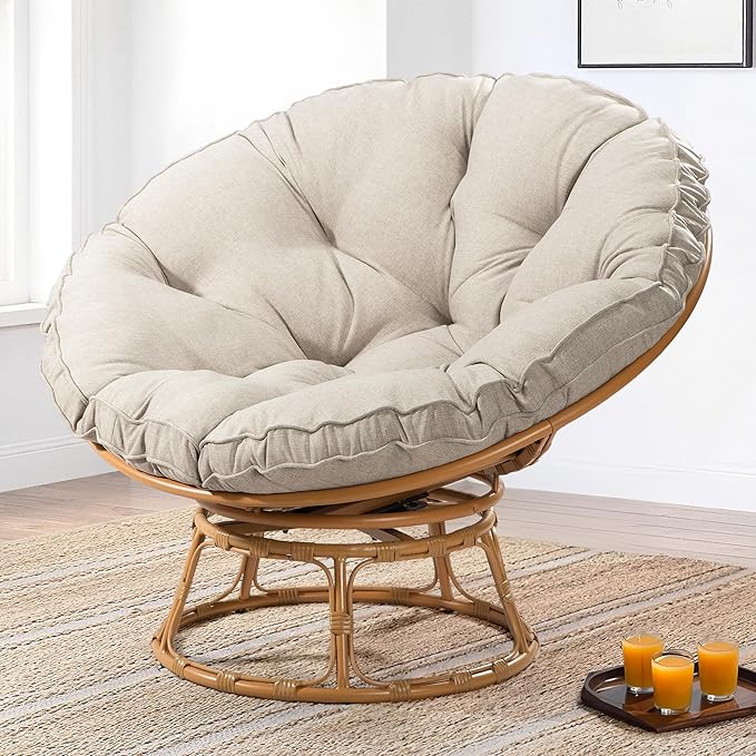 41 Papasan Chair with Cushion and 360 Degree Swivel Base Papasan Lounge Chair with Cushion and Sturdy Frame Large Saucer Chair Circle Chair Round Chair Bronze/Beige