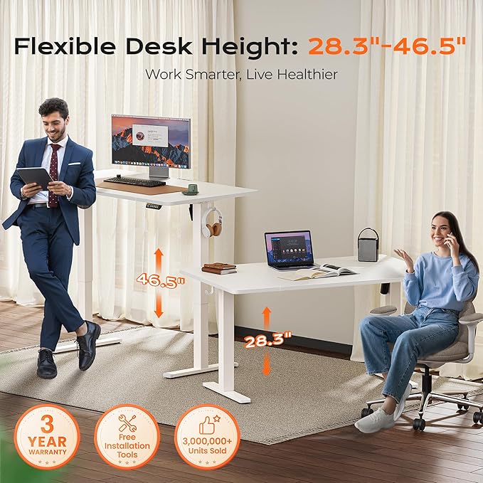 Huuger 55 x 28 Large Electric Standing Desk Height Adjustable Copmuter Desk 27.6 Deep Desktop Stand up Gaming Office Table with 2 Hooks 3 Preset Heights for Home Office White