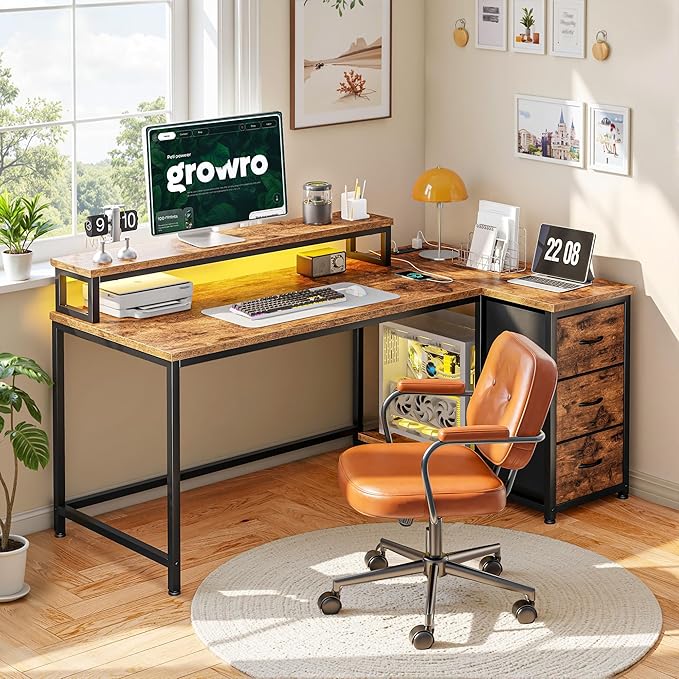 EnHomee L Shaped Desk with 3 Drawers 40 Inch Small Desk with Monitor Stand Gaming Desk with Power Outlet Computer Corner Desk with LED Lights for Gaming Home Office Study Room Rustic Brown