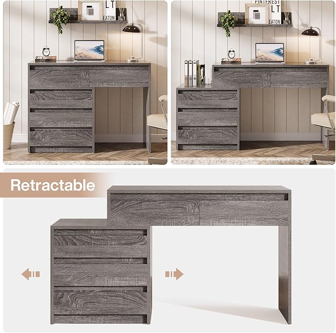Tribesigns Computer Desk with 5 Drawers Executive Home Office Desk with File Cabinet and Printer Stand Industrial Rustic Wood Desk for Small Spaces Study Writing Workstation (Gray)