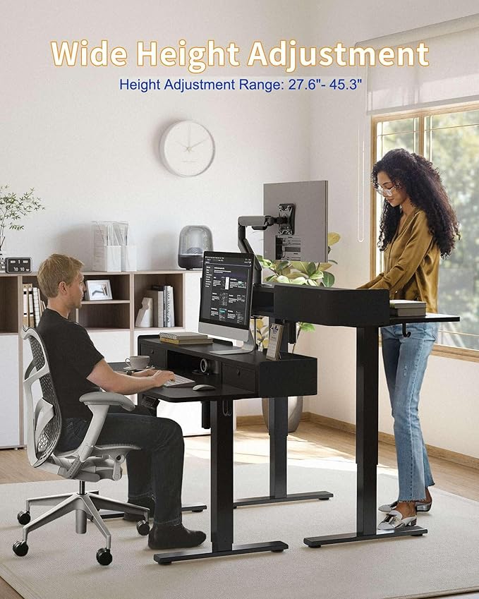 YIHAYO Electric Standing Desk with Drawers 48 x 24 Inches Adjustable Desk with Storage Shelf Stand Up Desk with Splice Board Computer Table for Home Office Black Frame/Black Top