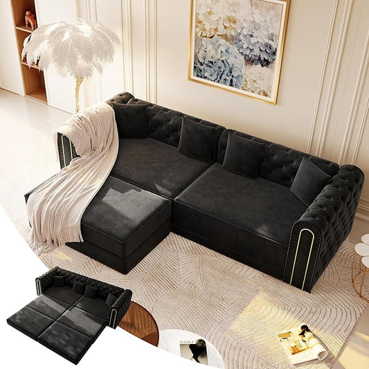 90.6'' Futon Sofa Bed Chesterfield Velvet Sleeper Sofa Convertible Floor L-Shaped Couch Tufted Back 4 Pillows Gold Edge Trim Deep Loveseat Couches for Living Room Apartment Gold Black