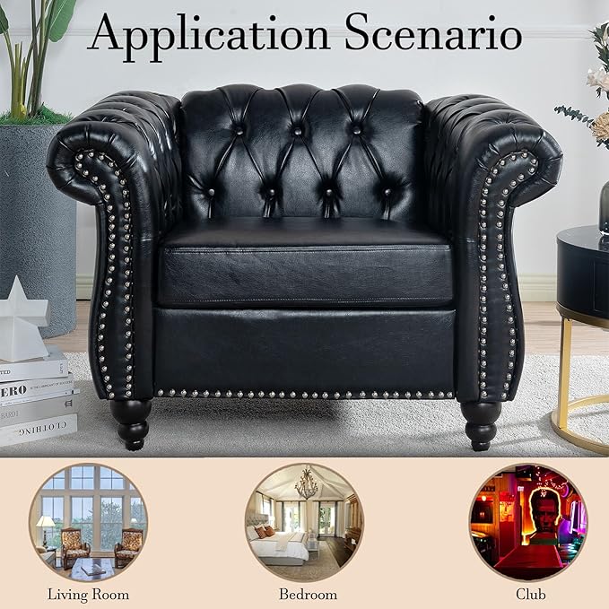 Oversized Chesterfield Chair PU Leather Accent Chair with Tufted Back Club Chair for Living Room Bedroom Gothic Victorian (Black)