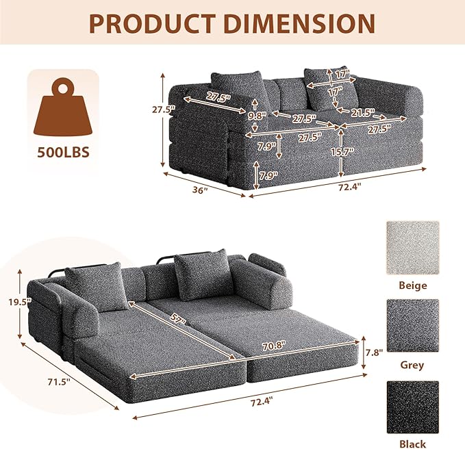 Convertible Sofa Bed 108+72.4+37 Sectional Couch 6-Seater with Storage Pockets Modular Sleeper Couch Chenille Folding Floor Boneless Lounge Sofa for Living Room Guest Room Grey