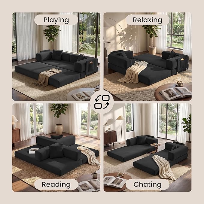 Belhome 78.8 Convertible Sofa Bed Futon Sofa Bed with Side Pocket Corduroy Pull Out Futon Sofa Boneless Couch for Living RoomsNo Assembly Required Midnight