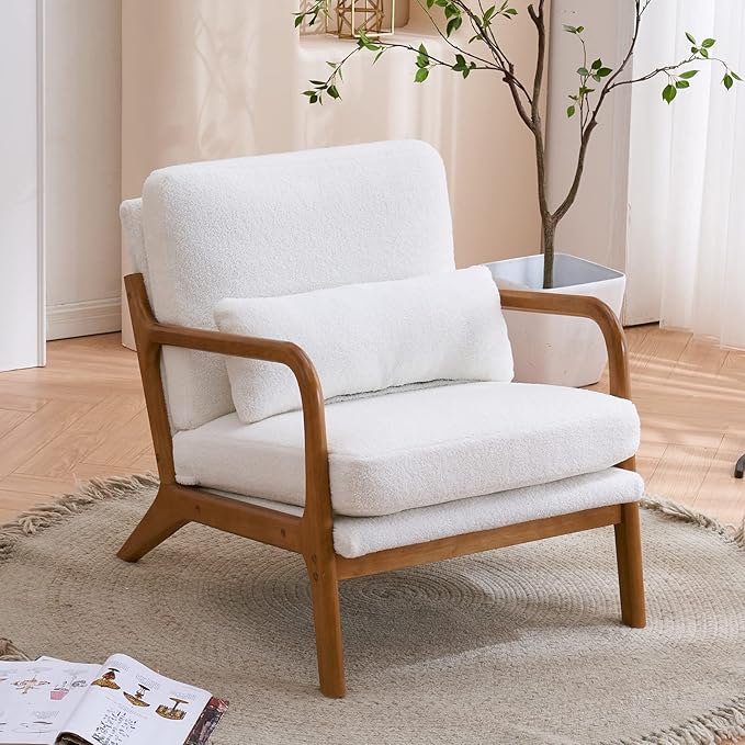 Mid-Century Armchair with Solid Wood FrameLiving Room Chair with Extra-Thick Padded Backrest and Seat CushionSingle Sofa Chairs with Non-Slip Feet105° Slop BackTeddy Accent Chair for ClubOffice