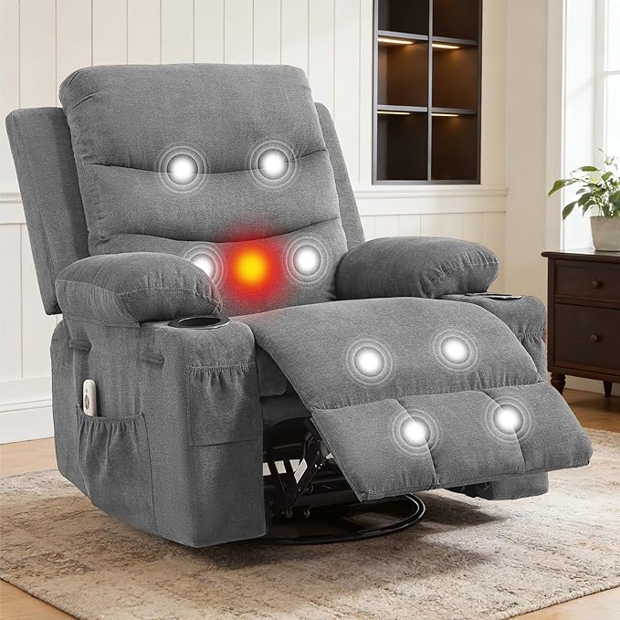 IDEALHOUSE Rocker Recliner Chair with Massage and Heat Swivel Reclining Sofa with Cup Holder Side Pockets Front Pockets Rocking Chair for Living Room Bedroom Nursery (Grey Linen)
