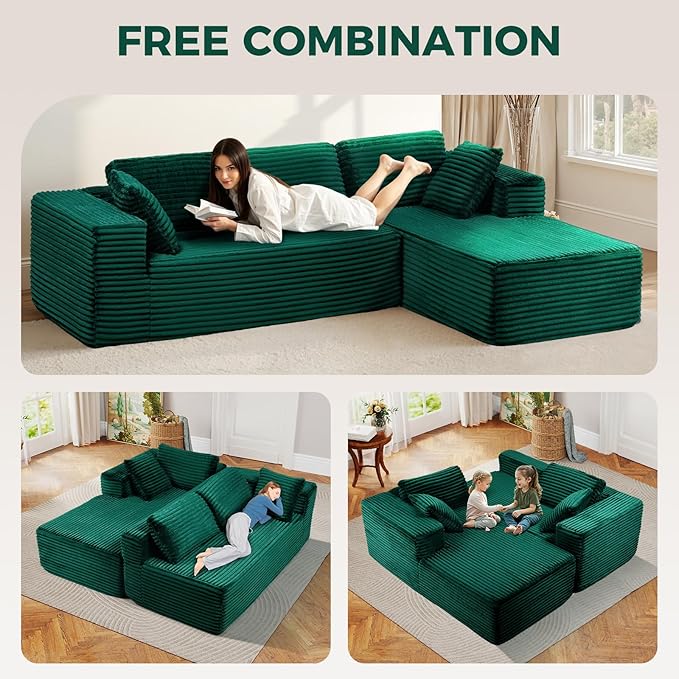LUCKLIFE 105” Sectional Boneless Couch Modular Cloud Corduroy Fabric Sofa for Living Room Bedroom with Deep Seat Wide Arms and High-Density Foam No Assembly (EG L Shape with Right Facing Chaise)