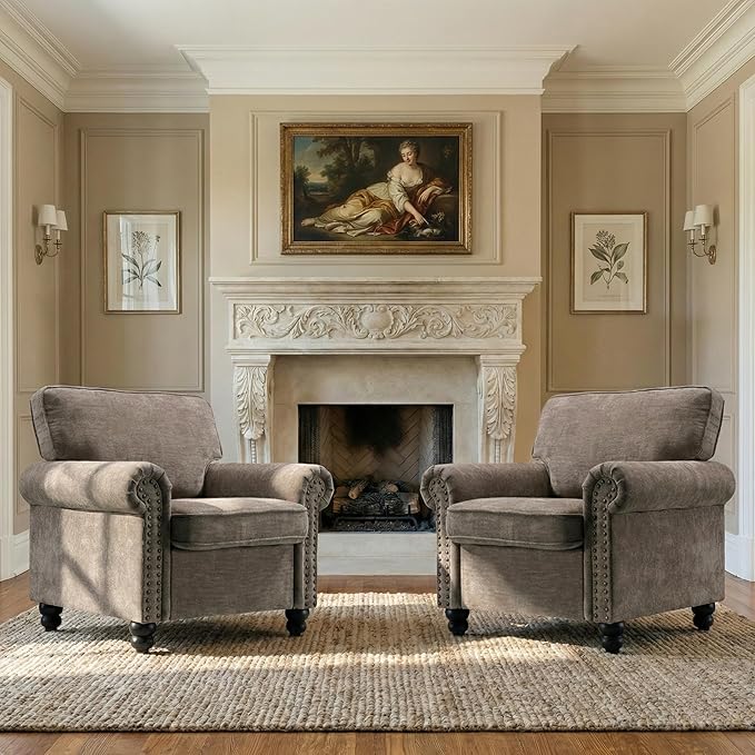 Nailhead Armchair Rolled Arms Accent Chair for Living Room Single Sofa Chair with Springs Seat Cushion &amp Wooden Legs Mid-Century Armchair for Apartment Office Farmhouse Light Brown