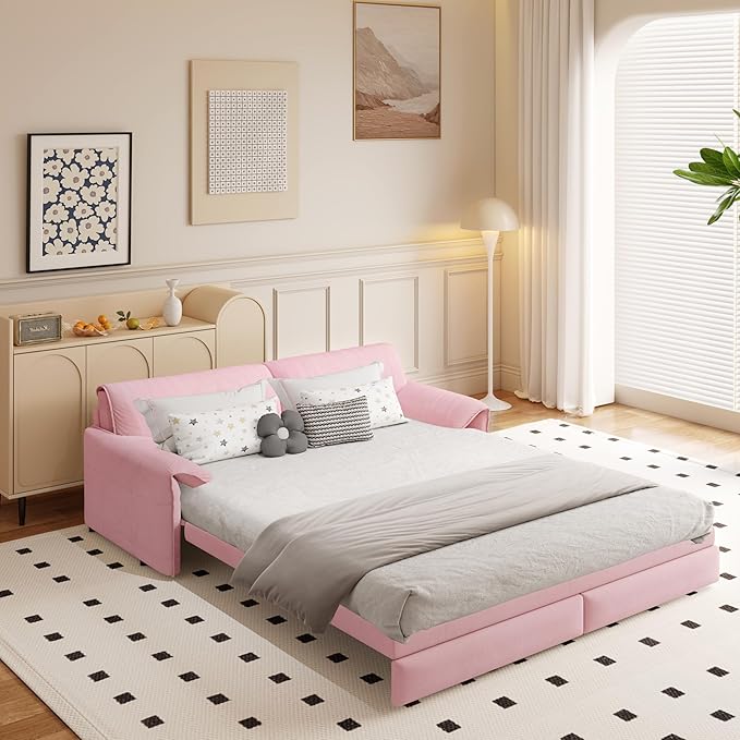 66 Queen Pull Out Sofa Bed 3-in-1 Convertible Sleeper Sofa with Side StorageMulti-Functional Velvet Loveseat Bed for Living RoomBedroomApartmentOffice (Pink 66)