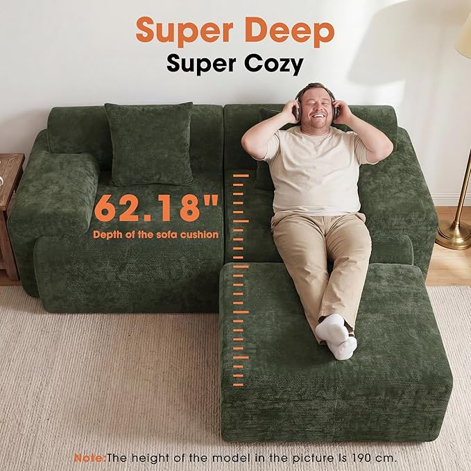 83.5 Modular Sectional Sofa Luxury 32.6 Deep Seat Cozy Cloud Couch L-Shaped Boneless Couches for Living Room Apartment Bedroom No Assembly Required(Green) | 17 Thickened Seat Super Soft Seat
