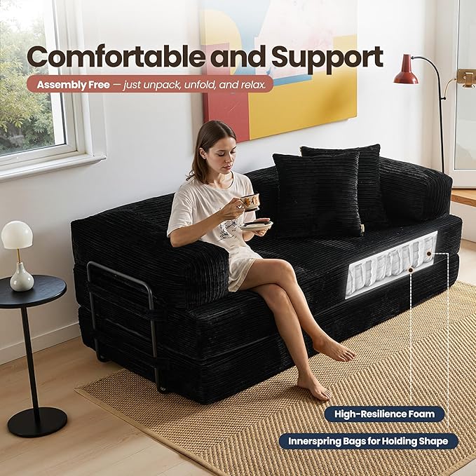4-in-1 Folding Convertible Sofa Bed 81 Boneless Couch with Pillow Back Support Armrest Corduroy Loveseat Sleeper Compression Couch Floor Sofas Futon for Living RoomBlack