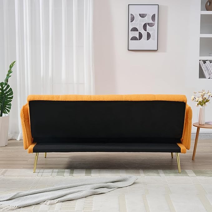 Convertible Sofa Bed Futon Couch Bed with Adjustable Arms and Backrest Modern Love Sofa with Gold Metal Legs for Living Room Bedroom (Teddy Fabric in Yellow 70.1 Wx31.1 Dx31.5 H)