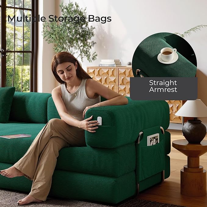 5-in-1 Folding Convertible Sofa Bed Loveseat Sleeper with Pull-Out Bed Floor Sofa Modular Futon Couch 79 Oversized Corduroy Upholstered Boneless Couch for Living Room Bedroom Lounge Green—A