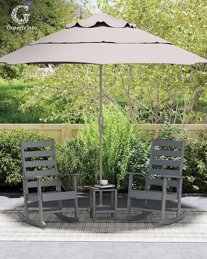 GREENVINES Outdoor-Rocking-Chairs-Set-of-2 | HDPE Plastic | Patio Rockers | Porch Rocker Chair | Shaker | Oversized | High Ladder Back | Big &amp Tall | PentaLuxe | Grey