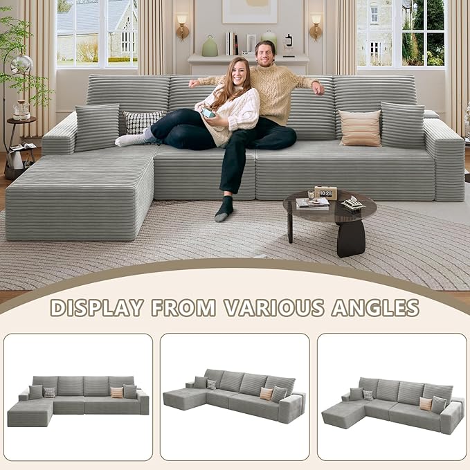 135 Modular Sectional Sofa Modern Corduroy L Shaped Cloud Couch with Chaise Lounge Boneless Upholstered Couches with Deep Seat for Living Room No Assembly Required (Grey Left Facing Chaise)